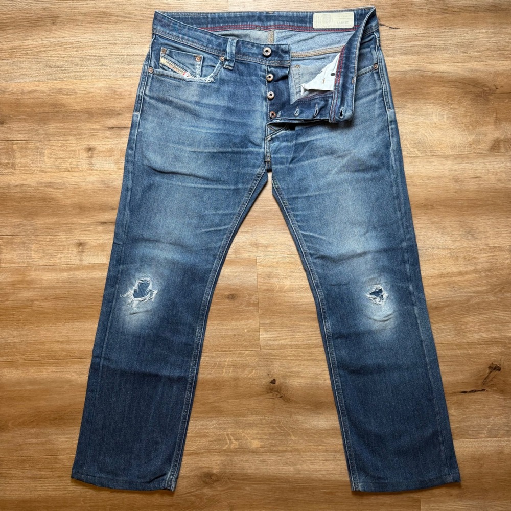Diesel Larkee Jeans Mens 32x27 Blue Straight Leg Stretch Denim Distressed 084HN